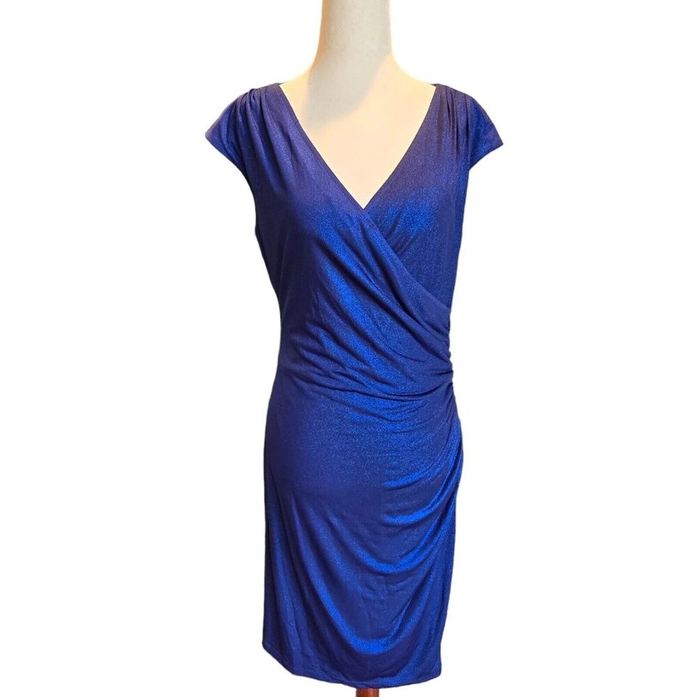 Dress Barn Collection Midnight Blue Metallic Sparkle Draped Sheath Cocktail Sz 8
